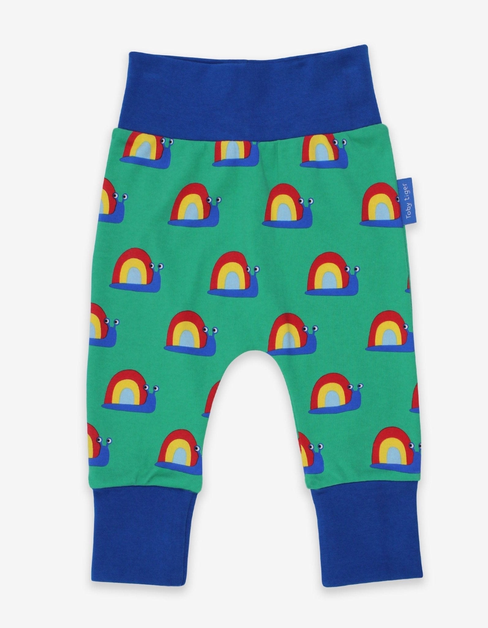 Premium baby pants with snail print, soft organic cotton, flexible waistband, stylish and comfortable, best-selling eco-friendly design by Toby Tiger at brixbailey.com