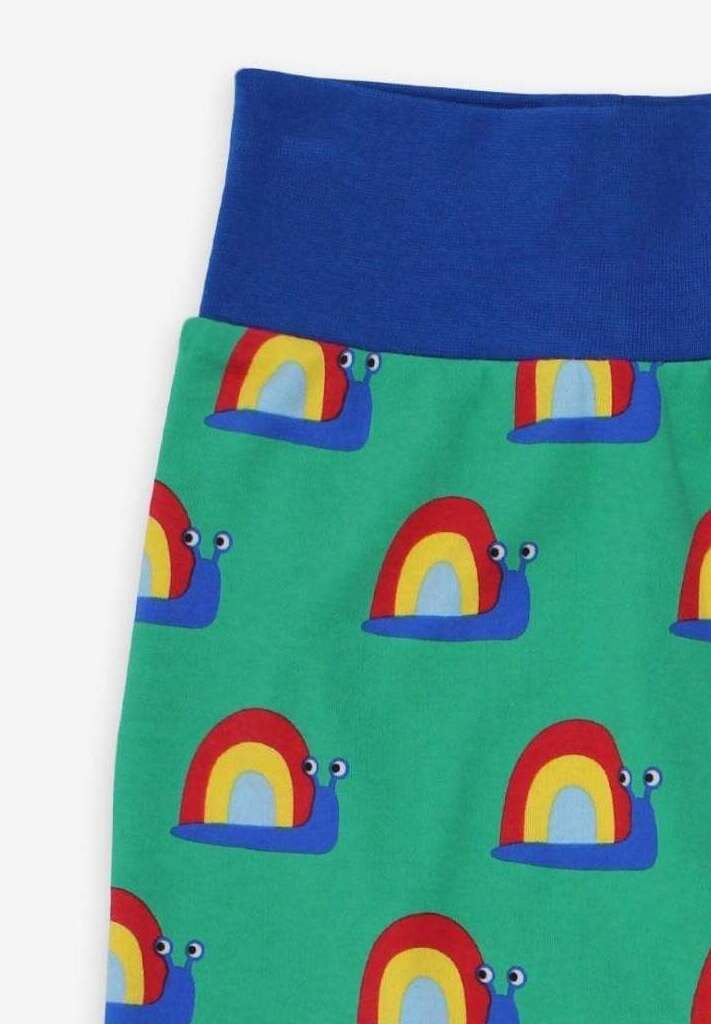 Premium baby pants with snail print, soft organic cotton, flexible waistband, stylish and comfortable for crawling by Toby Tiger at brixbailey.com