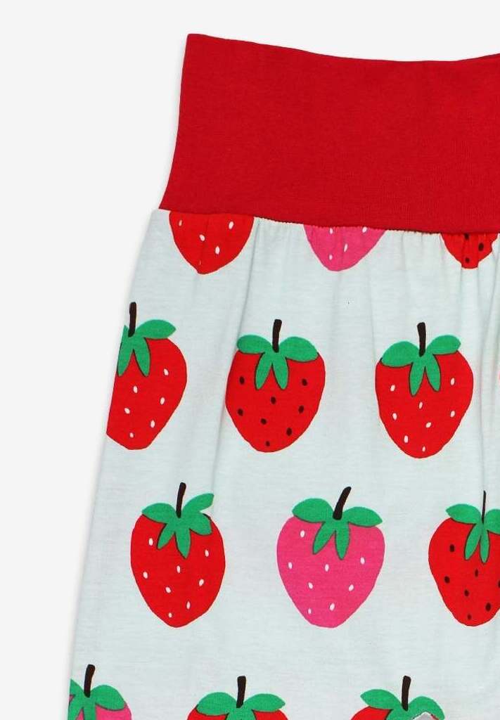 Premium Organic Strawberry Print Yoga Pants for Kids in Light Blue, Soft GOTS Certified Cotton, Comfortable Waistband and Cuffs by Toby Tiger at brixbailey.com