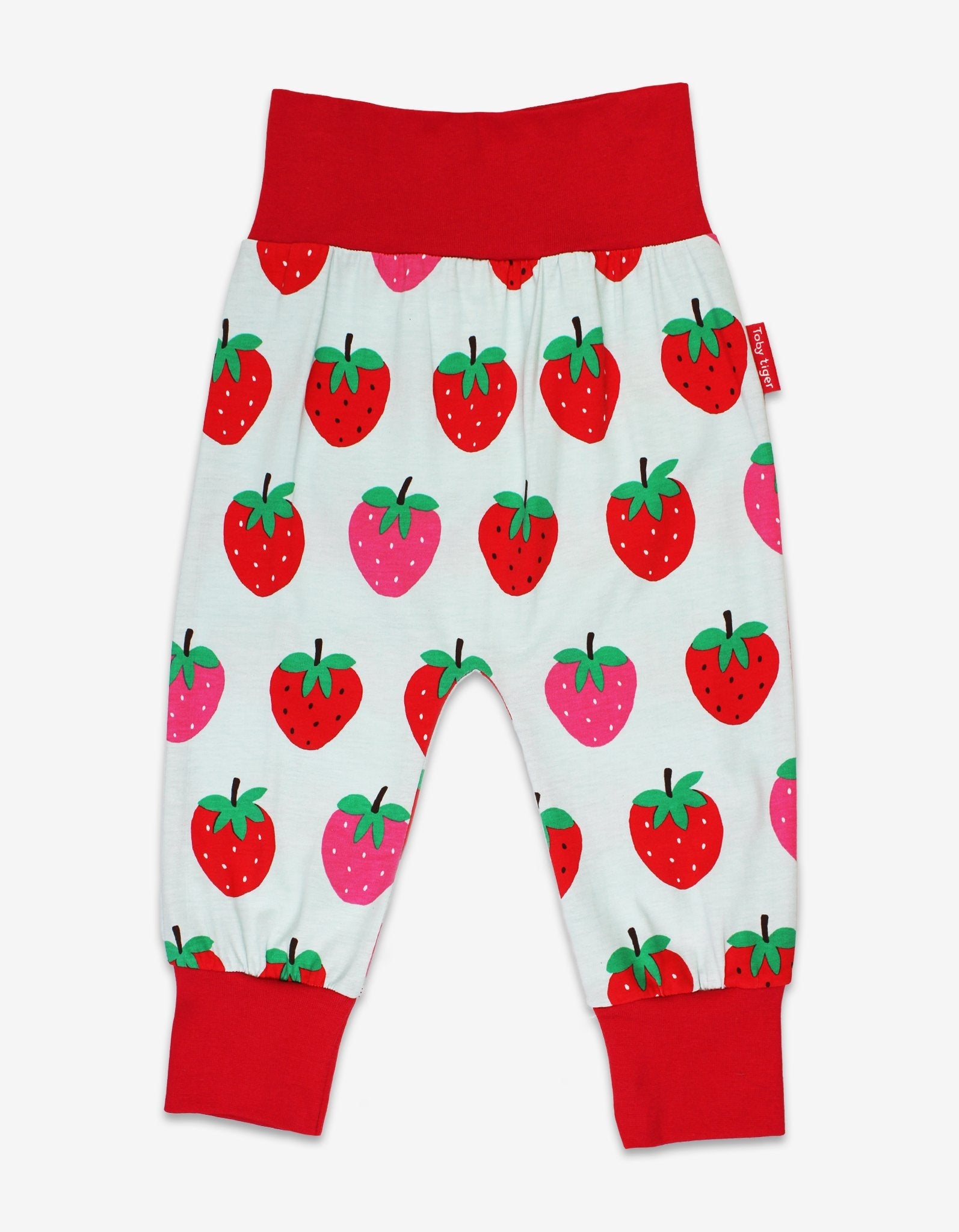 Premium Organic Kids Yoga Pants with Strawberry Print in Light Blue, Soft GOTS-Certified Cotton, Comfortable Waist and Ankle Cuffs by Toby Tiger at brixbailey.com