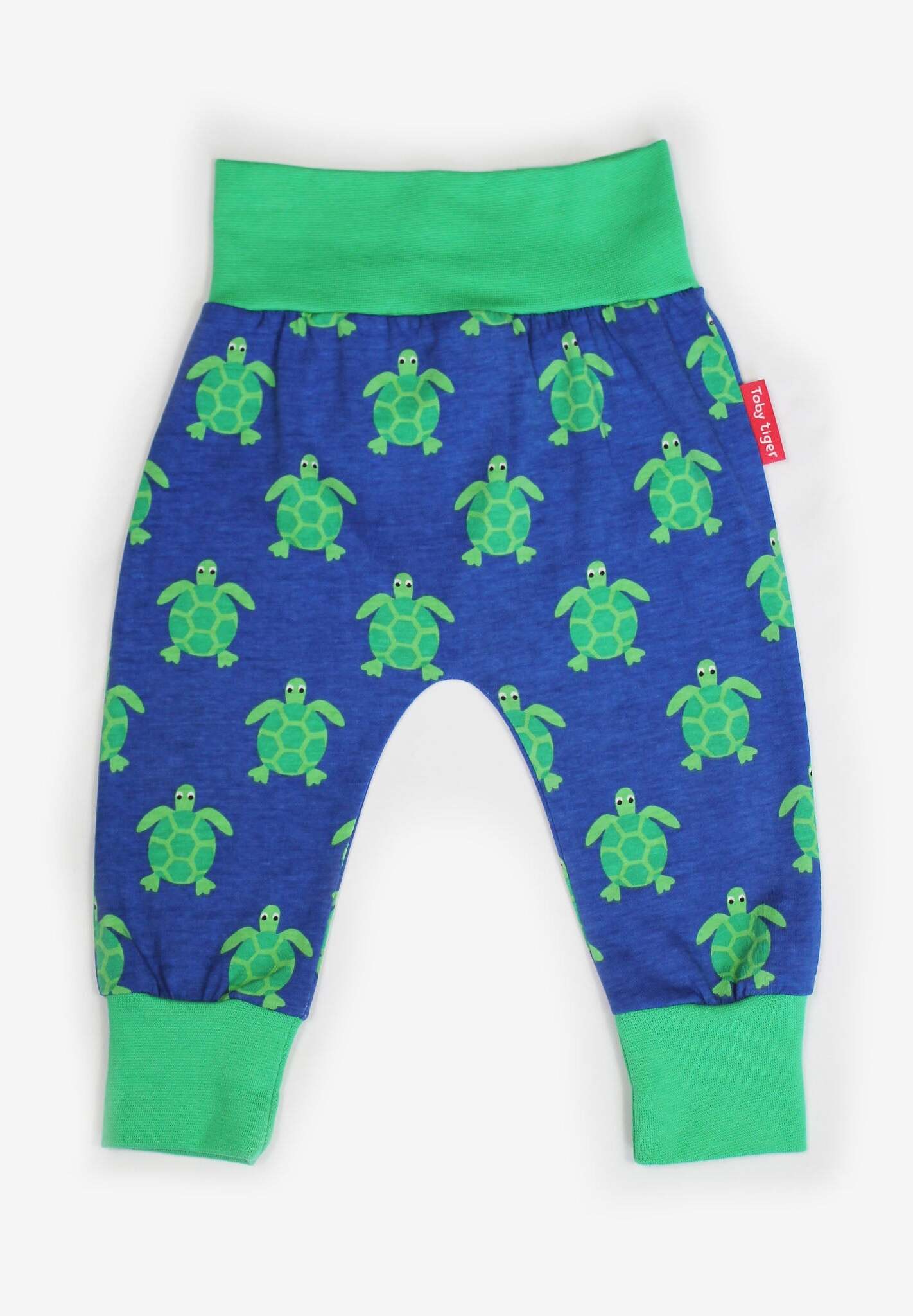 Premium baby pants with turtle applique, organic cotton, soft GOTS certified fabric, stylish neutral tones, comfortable elastic waistband by Toby Tiger at brixbailey.com