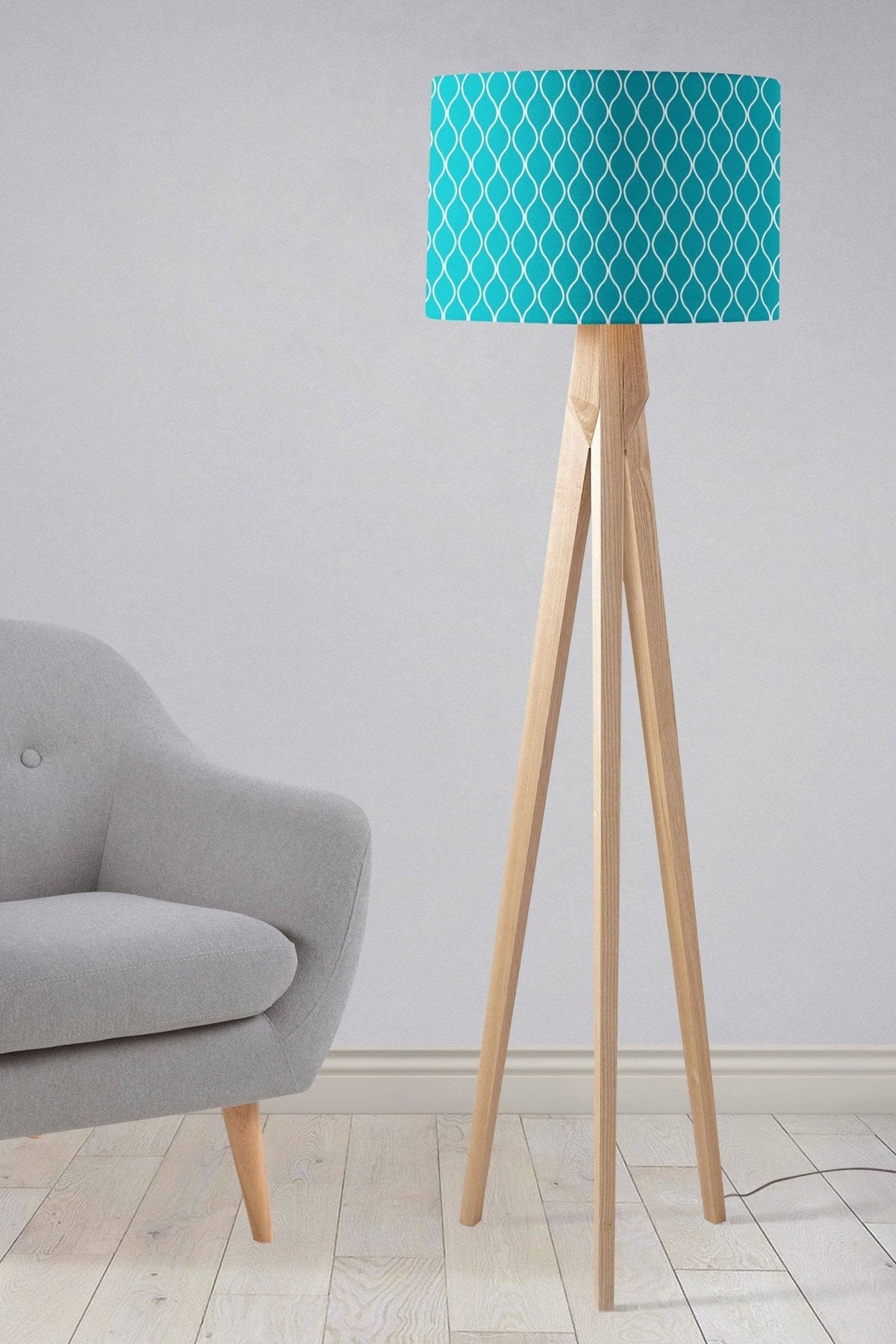 Turquoise Drum Lampshade, White Geometric Design Shade for Table, Floor or Ceiling Pendant Light