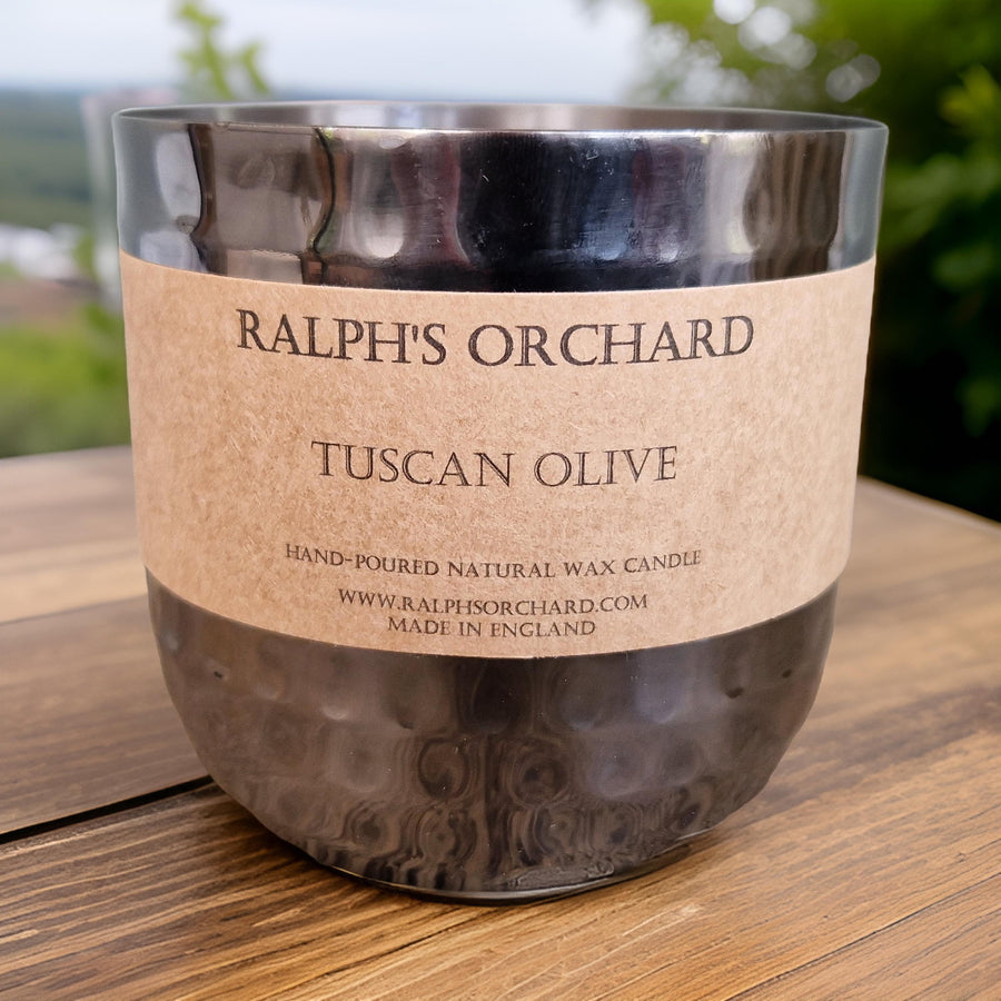Luxury Tuscan Olive scented soy candle, premium handcrafted Italian countryside fragrance with fresh herbs and Mediterranean breeze by Ralph's Orchard at brixbailey.com