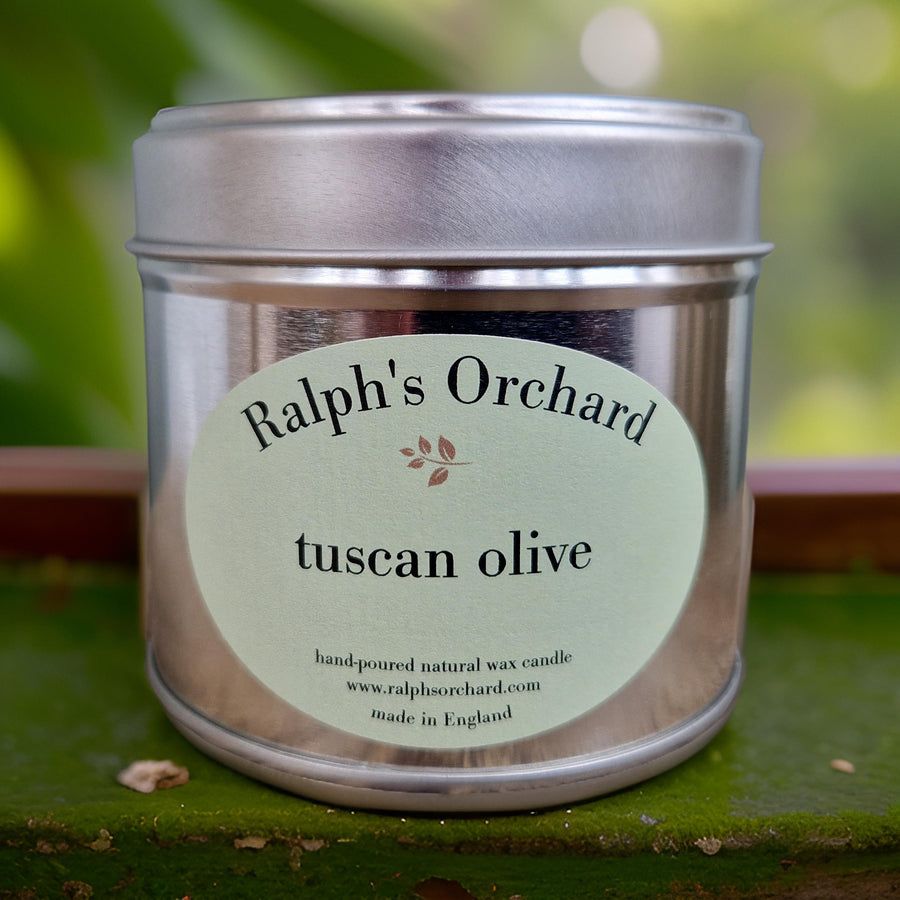 Luxury Tuscan Olive scented soy candle, handcrafted with clean fruity fragrance, premium vegan eco-friendly wax by Ralph's Orchard at brixbailey.com