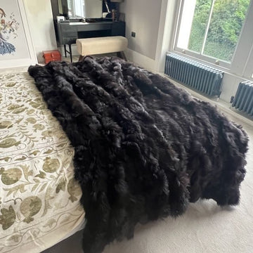 Luxury dark chocolate Tuscan shearling throw, premium fur blanket, stylish sheepskin rug, handcrafted sustainable home accent by Wildash London at brixbailey.com