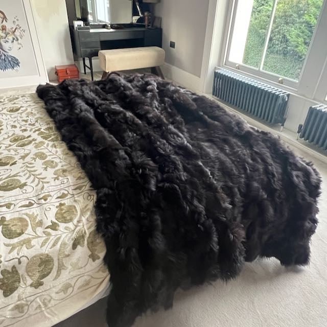 Luxury dark chocolate Tuscan shearling throw, premium fur blanket, stylish sheepskin rug, handcrafted sustainable home accent by Wildash London at brixbailey.com