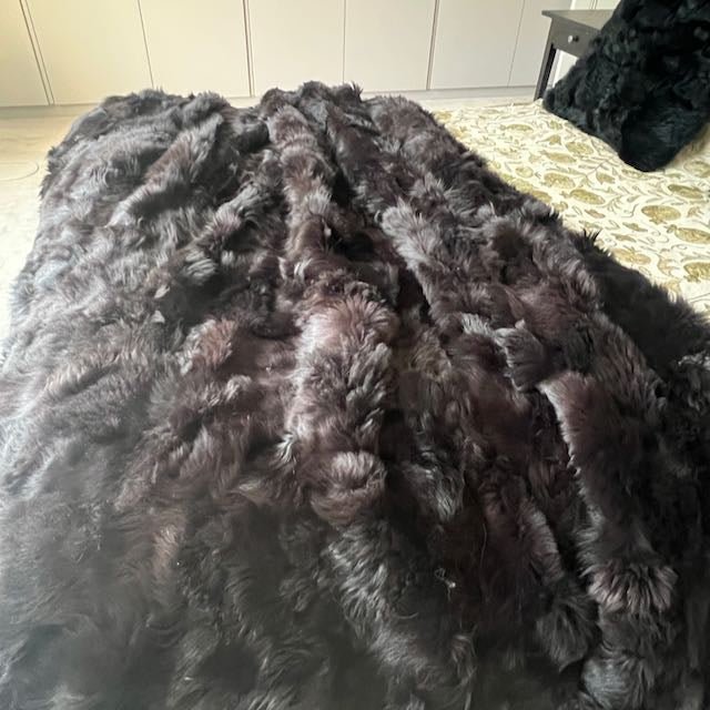 Luxury dark chocolate Tuscan shearling throw, premium fur blanket, stylish sheepskin rug, handcrafted sustainable home accent by Wildash London at brixbailey.com