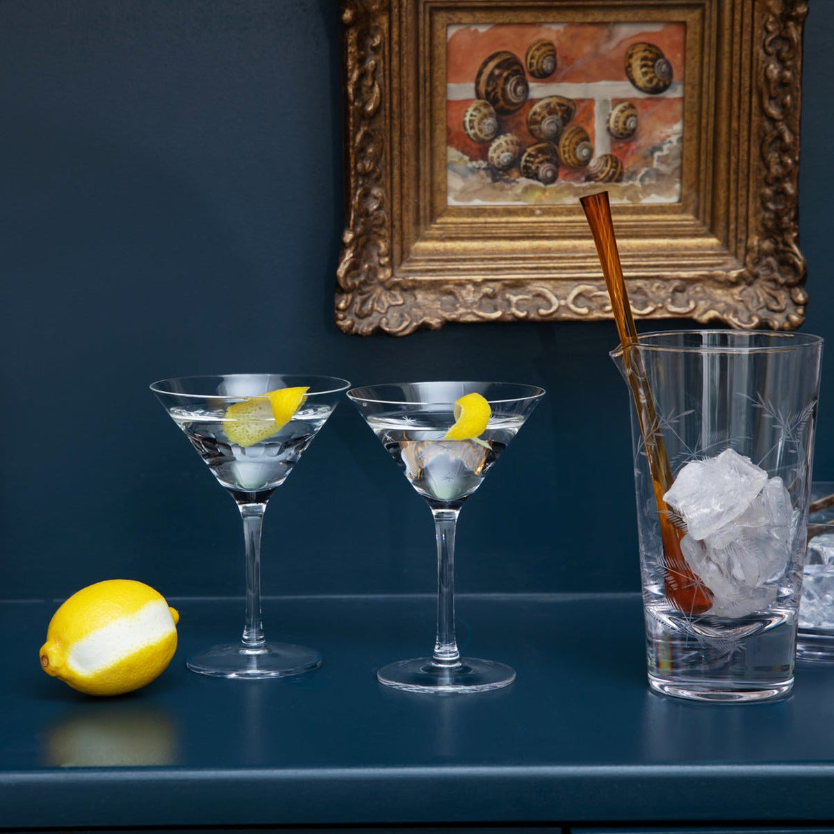 A Pair of Crystal Martini Glasses with Fern Design
