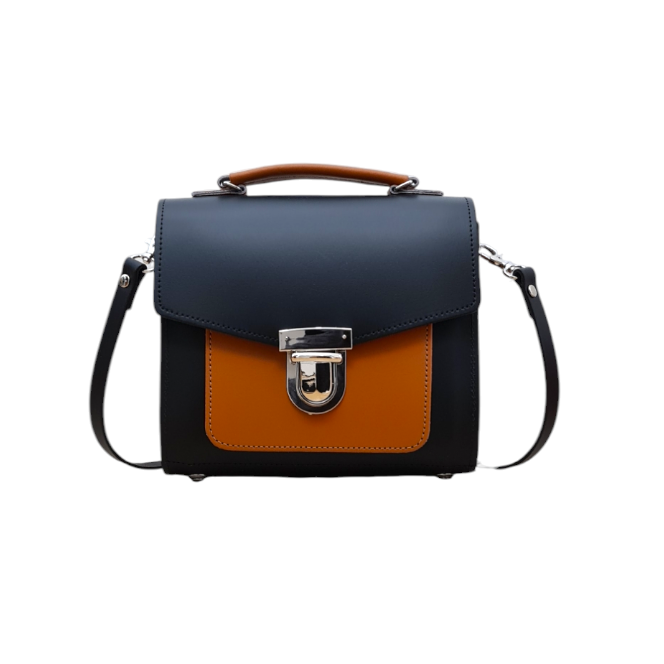 Handmade Leather Two Tone Sugarcube Handbag - Black &amp; Burnt Orange
