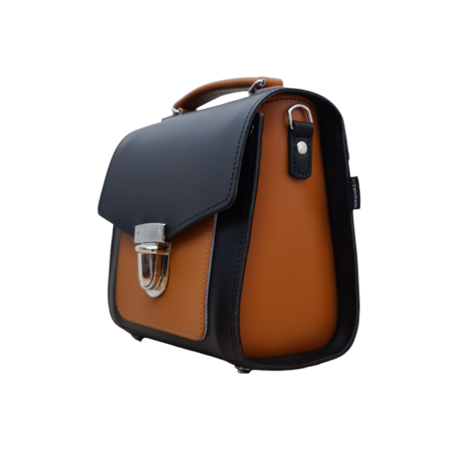 Handmade Leather Two Tone Sugarcube Handbag - Black &amp; Burnt Orange