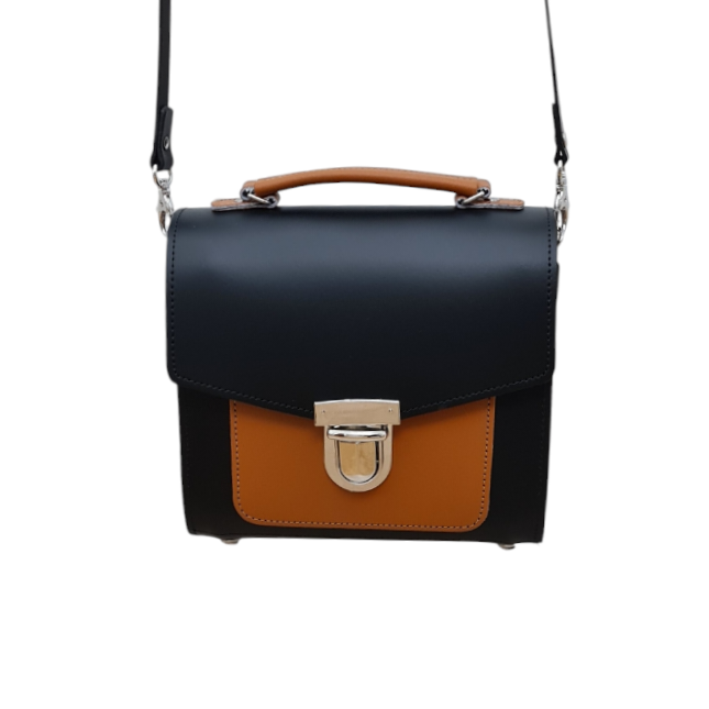 Handmade Leather Two Tone Sugarcube Handbag - Black &amp; Burnt Orange