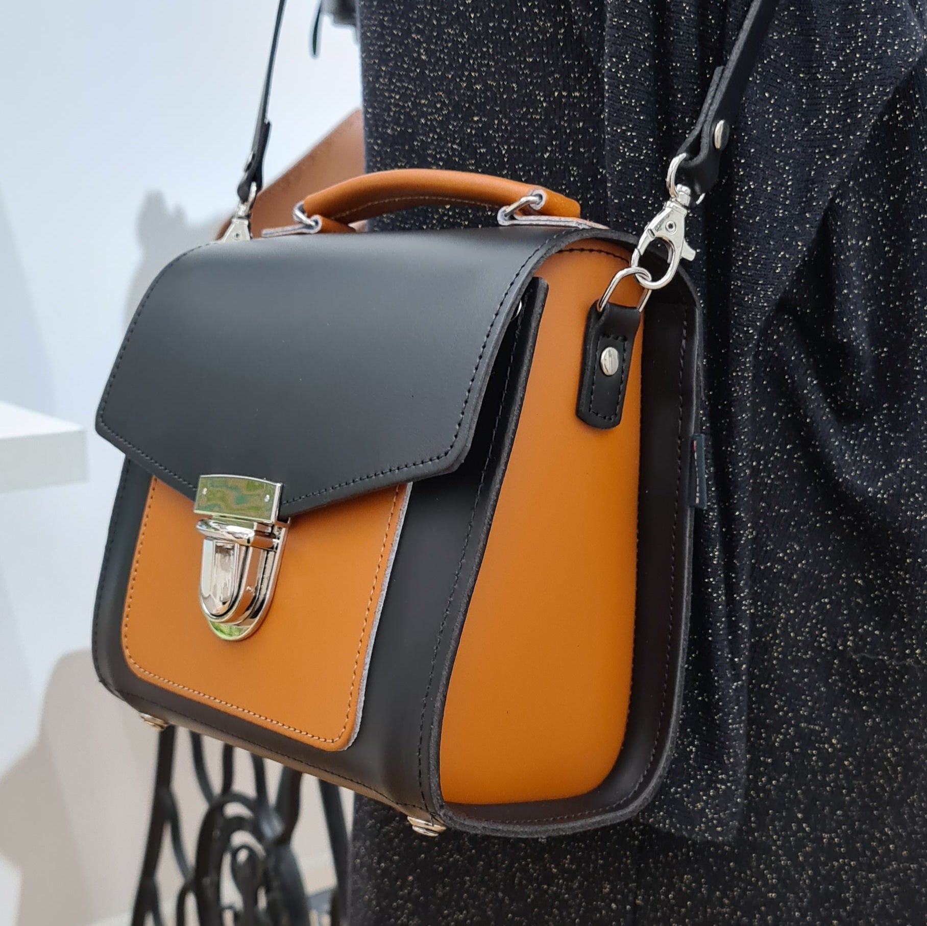 Handmade Leather Two Tone Sugarcube Handbag - Black &amp; Burnt Orange