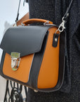 Handmade Leather Two Tone Sugarcube Handbag - Black & Burnt Orange