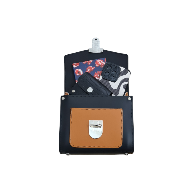Handmade Leather Two Tone Sugarcube Handbag - Black &amp; Burnt Orange