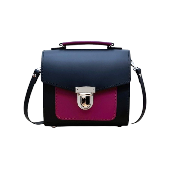 Handmade Leather Two Tone Sugarcube Handbag - Black &amp; Magenta