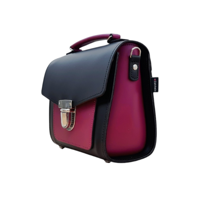 Handmade Leather Two Tone Sugarcube Handbag - Black &amp; Magenta