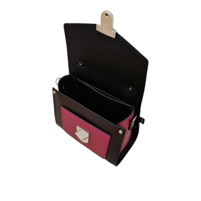 Handmade Leather Two Tone Sugarcube Handbag - Black &amp; Magenta
