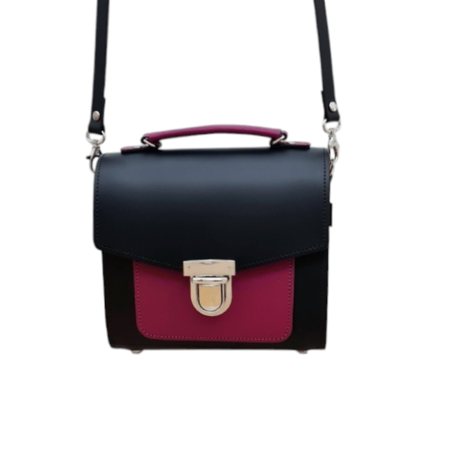 Handmade Leather Two Tone Sugarcube Handbag - Black &amp; Magenta