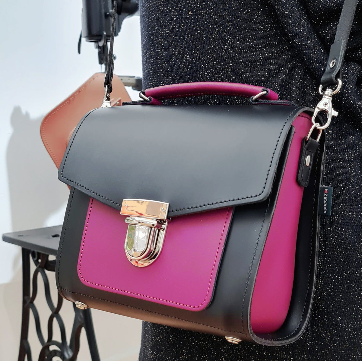Handmade Leather Two Tone Sugarcube Handbag - Black &amp; Magenta