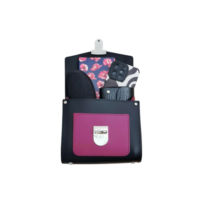 Handmade Leather Two Tone Sugarcube Handbag - Black &amp; Magenta