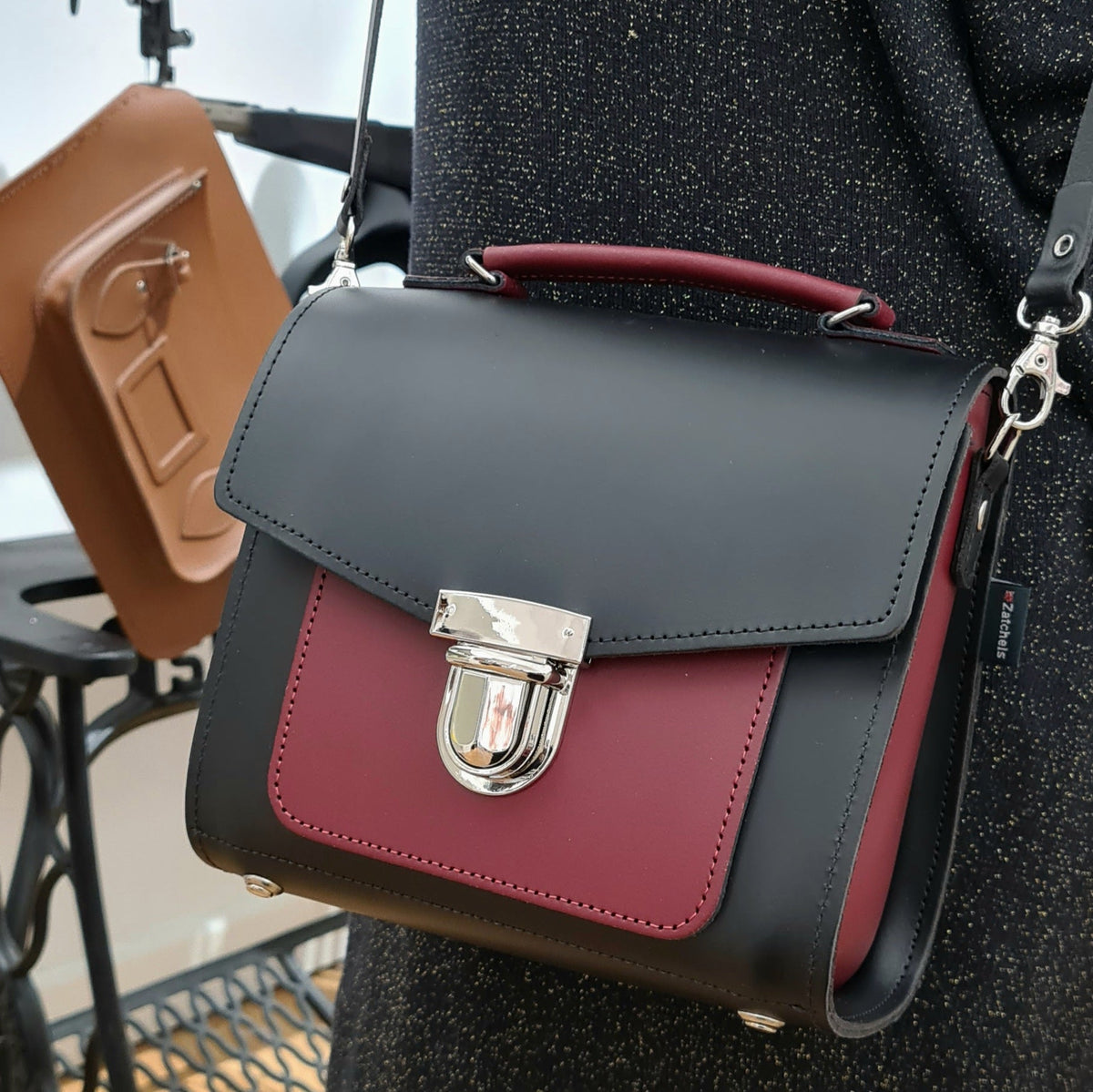 Handmade Leather Two Tone Sugarcube Handbag - Black &amp; Oxblood