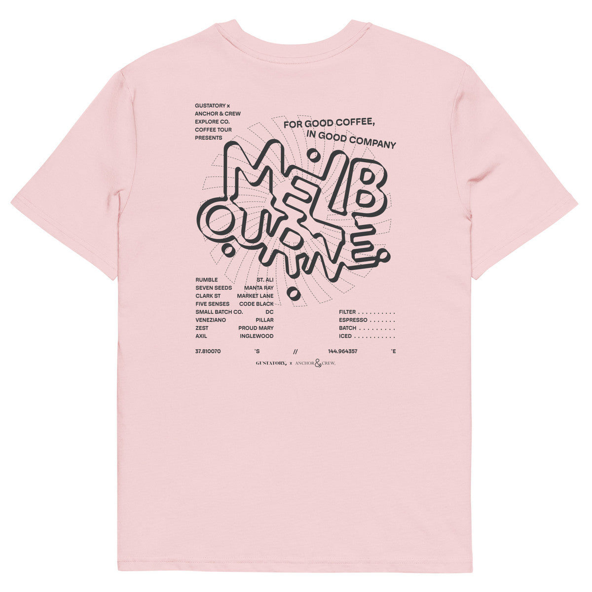 GUSTATORY Melbourne Coffee Scene Organic Cotton Embroidered T-Shirt