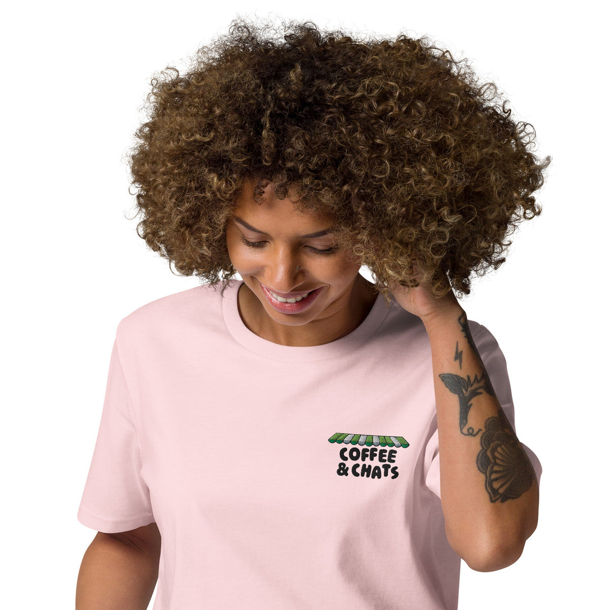 GUSTATORY Coffee &amp; Chats Organic Cotton Embroidered T-Shirt