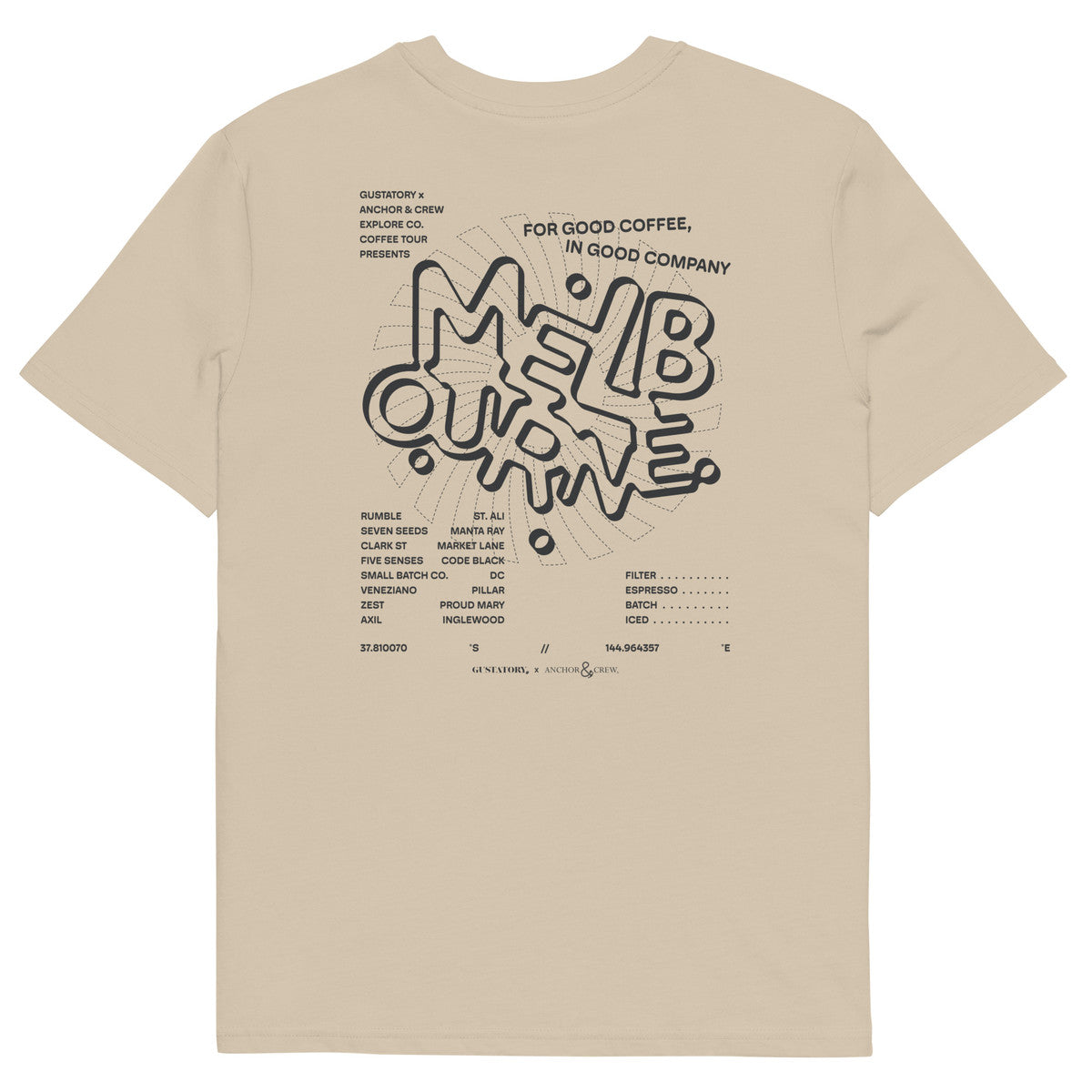 GUSTATORY Melbourne Coffee Scene Organic Cotton Embroidered T-Shirt