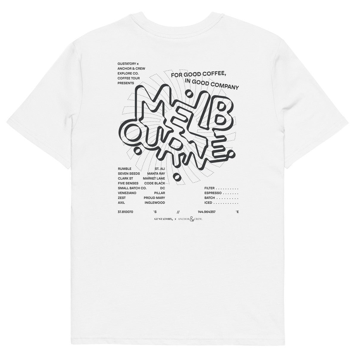 GUSTATORY Melbourne Coffee Scene Organic Cotton Embroidered T-Shirt