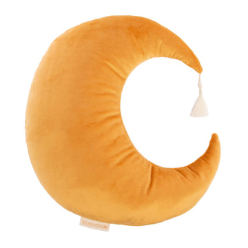 Premium velvet Pierrot moon cushion with tassel detail, soft eco-velvet in Farniente yellow, Nobodinoz collection by Ella James at brixbailey.com