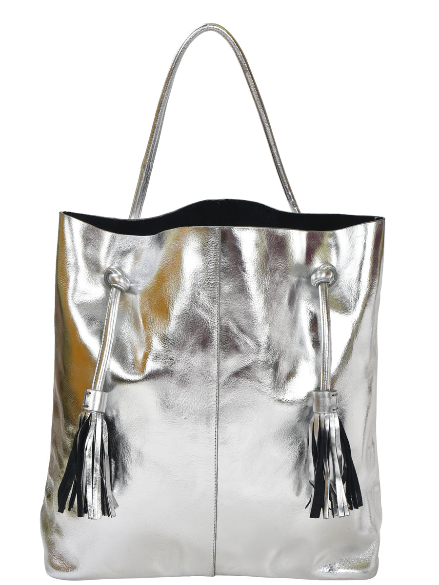 Silver Drawcord Metallic Leather Hobo Shoulder Bag Brix Bailey Ethical Leather Bag Brand