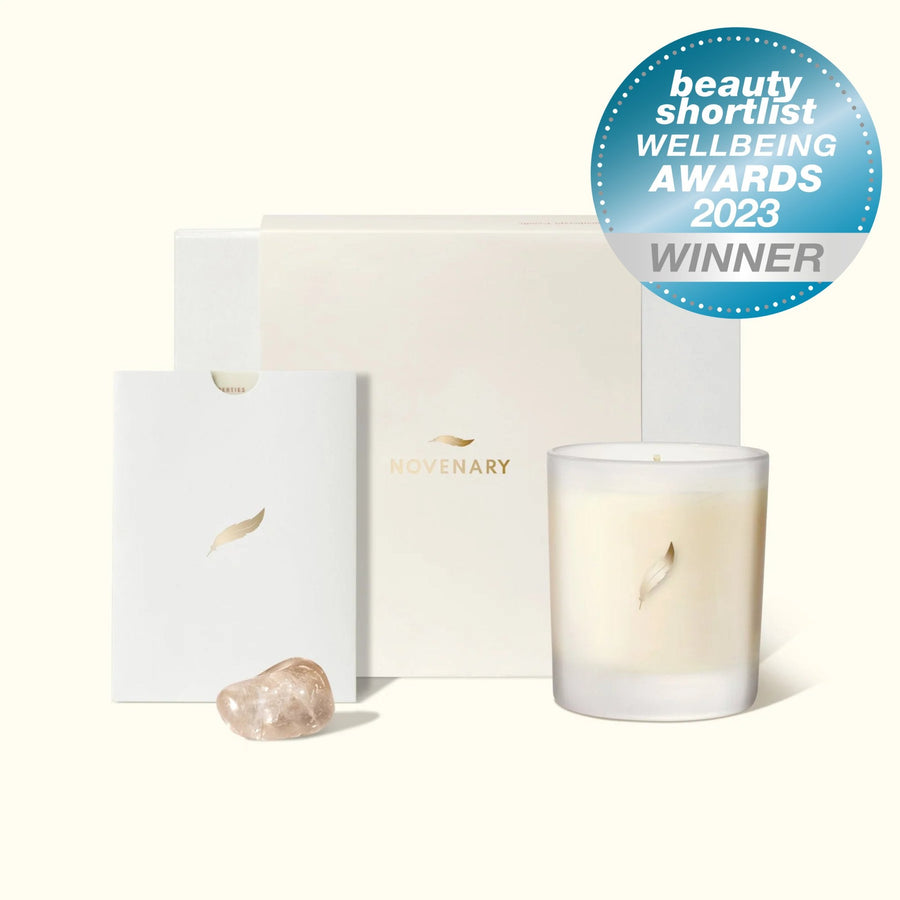 Wafira luxury candle with black pepper, immortelle, ylang ylang essential oils, focus and clarity aromatherapy, sustainable natural wax, 40-hour burn by Novenary at brixbailey.com