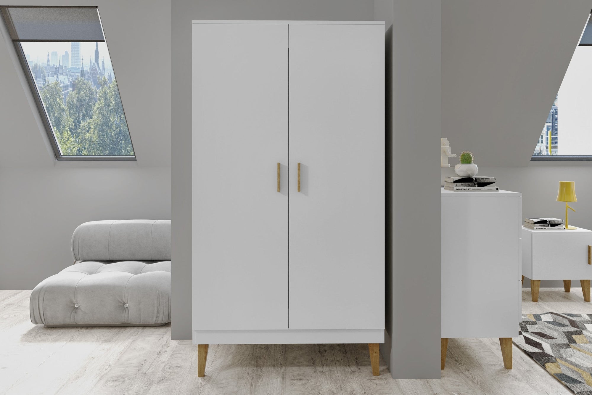 White Two Door Wardrobe with Oak Legs