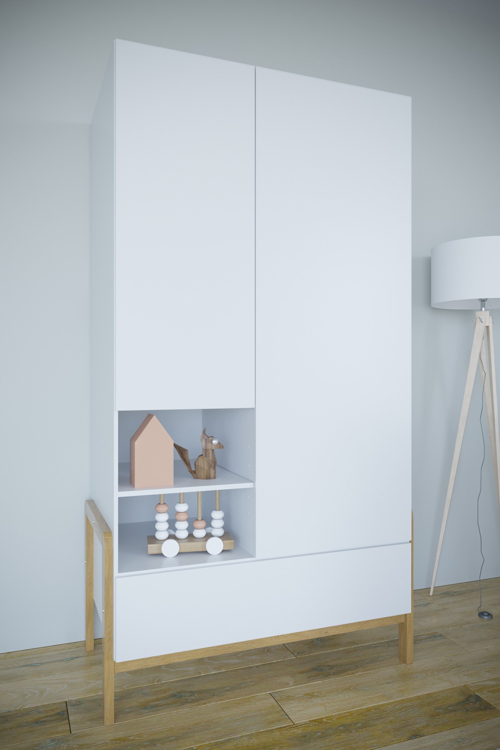 Two Door Wardrobe with Smart Storage and Oak Legs