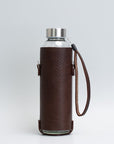 Leather Water Bottle Holder with Glass Bottle and Adjustable Strap