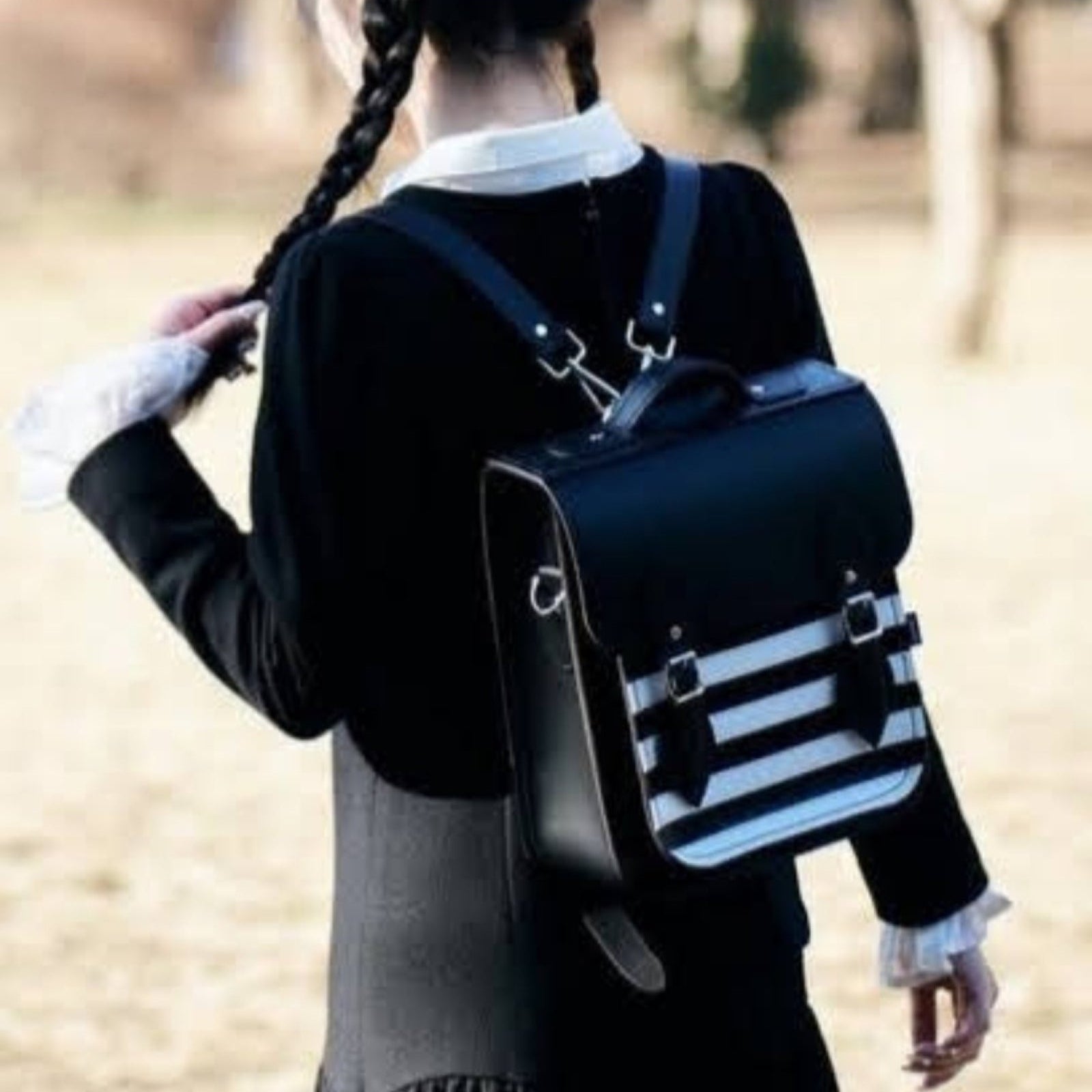 Handmade Leather City Backpack - Gothic Striped White &amp; Black