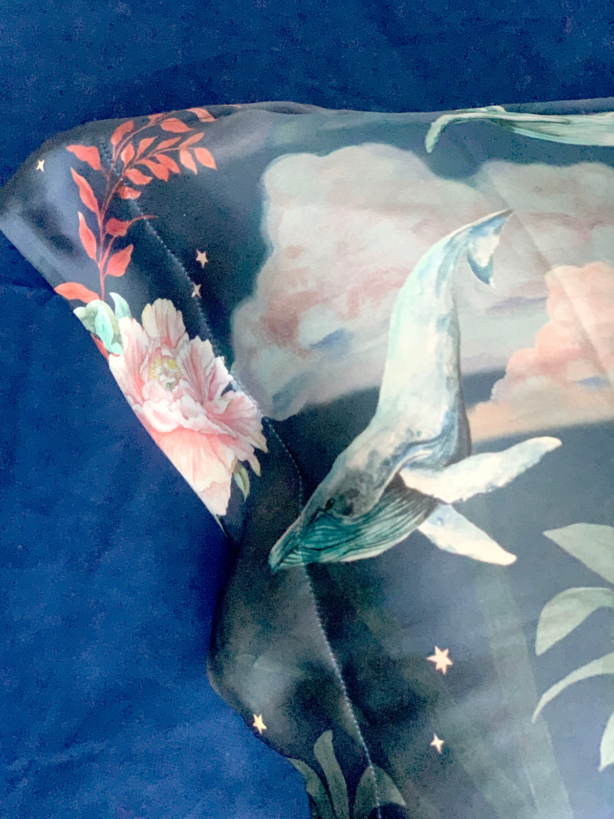 Blue Silk Pillowcase in hand painted 'Wonderous' print, Standard size Oxford Pillowcase