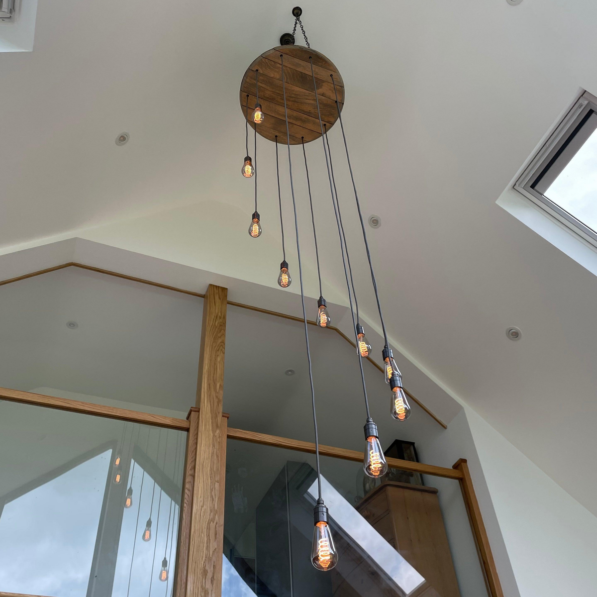 Whiskey Barrel Cascade Chandelier | Rustic Stairwell & High Ceiling Lighting