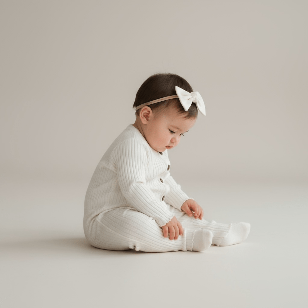 White Ribbed Cotton Baby Romper with Button Front