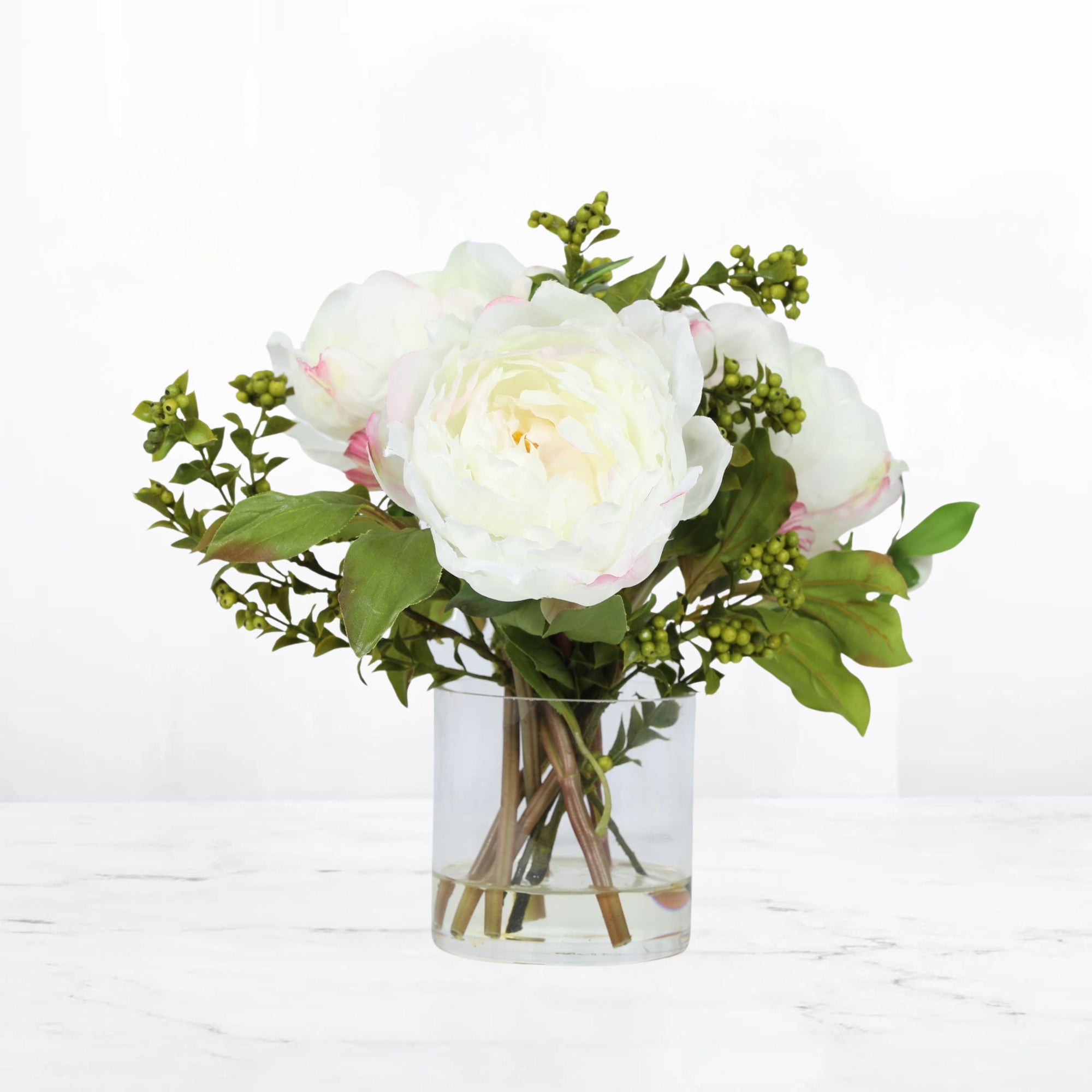 Faux Peony Arrangement In Glass Vase - 10"