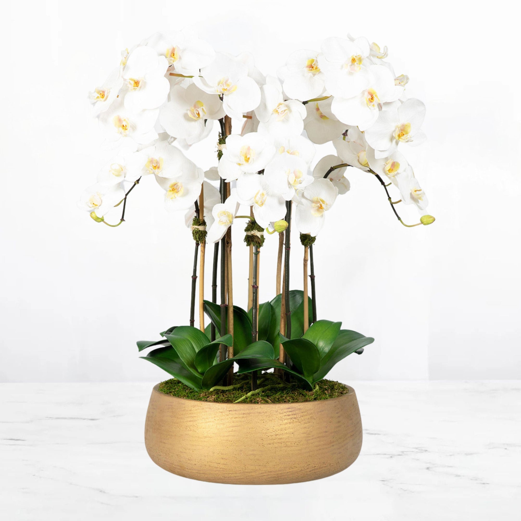 Faux Orchid Arrangement in Matte Gold Planter
