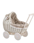Whitewashed Wicker Doll Pram with Soft Beige Bedding
