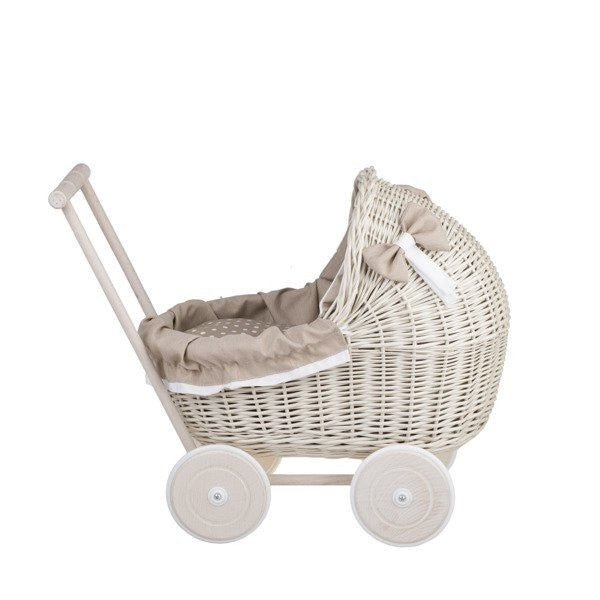 Whitewashed Wicker Doll Pram with Soft Beige Bedding