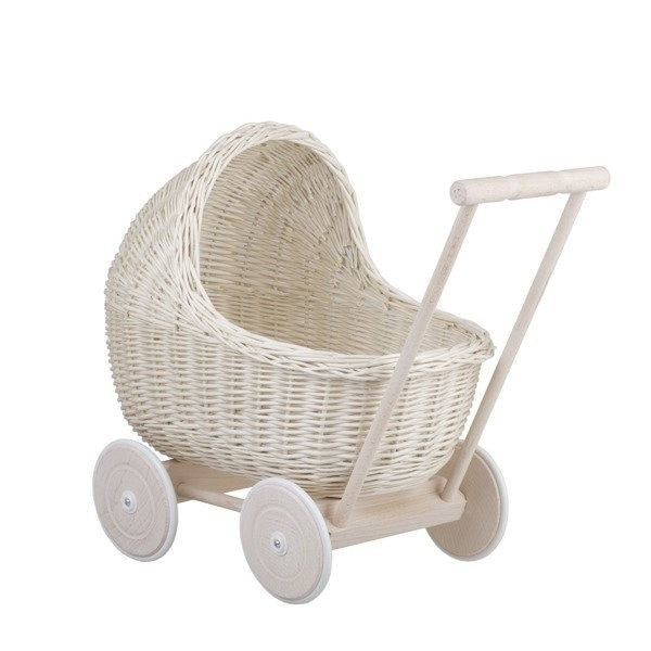 Whitewashed Wicker Doll Pram with Soft Beige Bedding