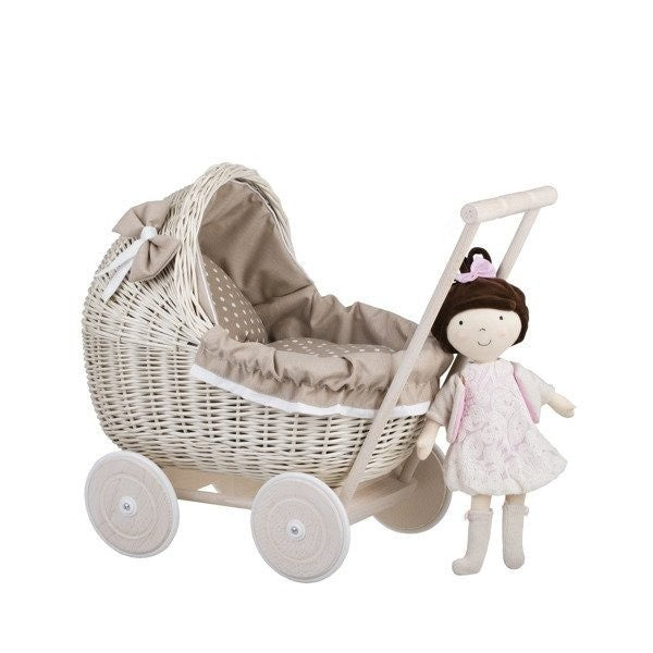 Whitewashed Wicker Doll Pram with Soft Beige Bedding