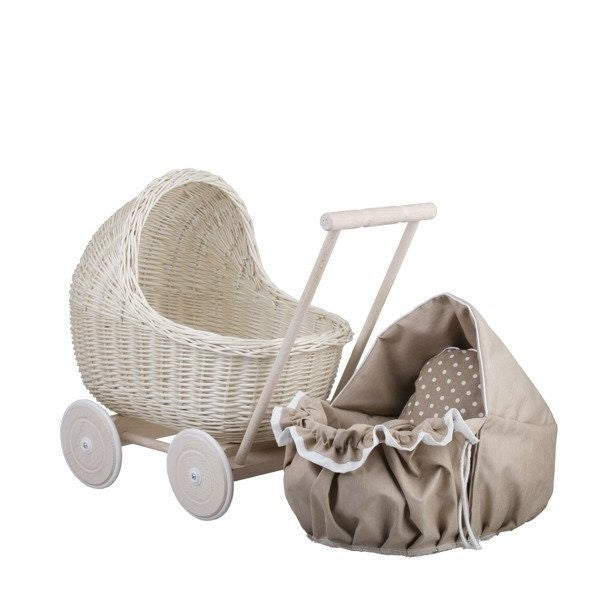 Whitewashed Wicker Doll Pram with Soft Beige Bedding