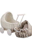 Whitewashed Wicker Doll Pram with Soft Beige Bedding