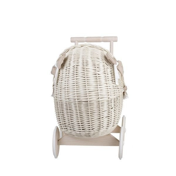 Whitewashed Wicker Doll Pram with Soft Beige Bedding