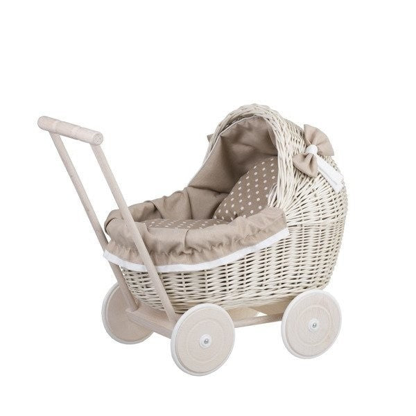 Whitewashed Wicker Doll Pram with Soft Beige Bedding