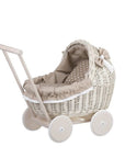 Whitewashed Wicker Doll Pram with Soft Beige Bedding